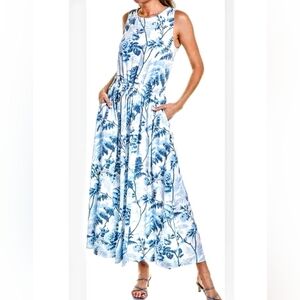 BROOKS BROTHERS Blue Tropical Fern Jersey Maxi Dress | XL
